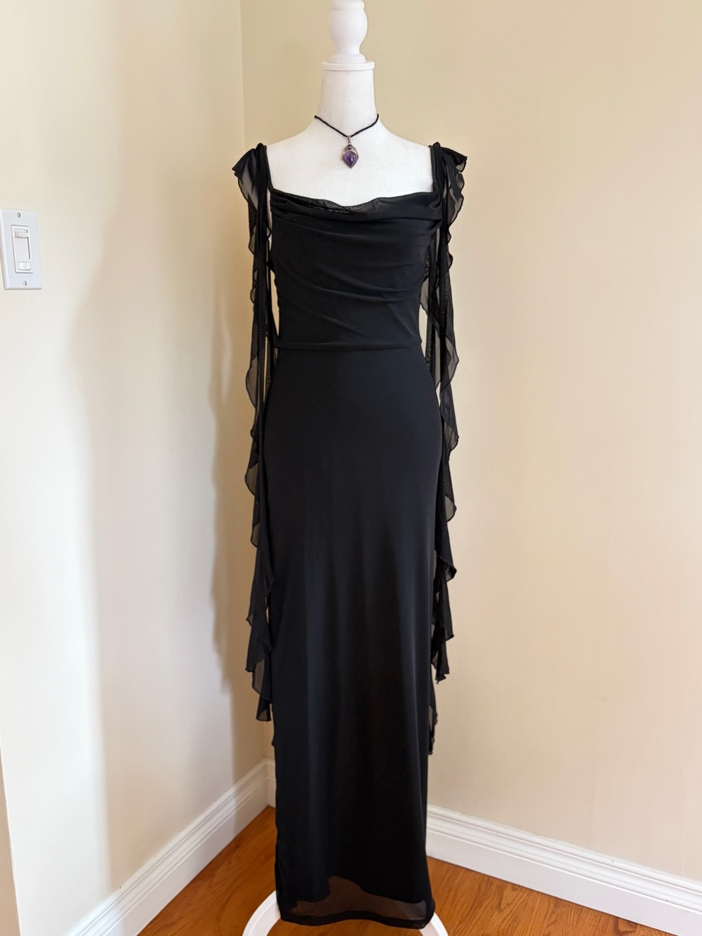 Y2K style fairy cowl neck ruffle sash black maxi slip dress micro mesh formal S